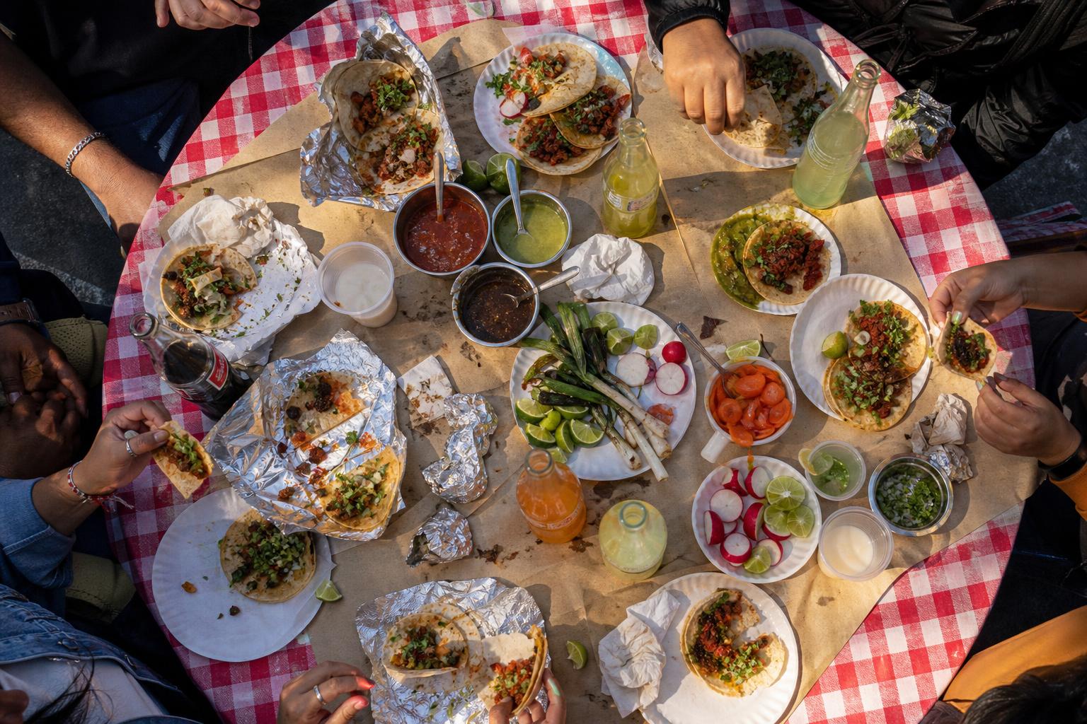 Overhead view of a crowded table full of street tacos, salsas, limes and drinks